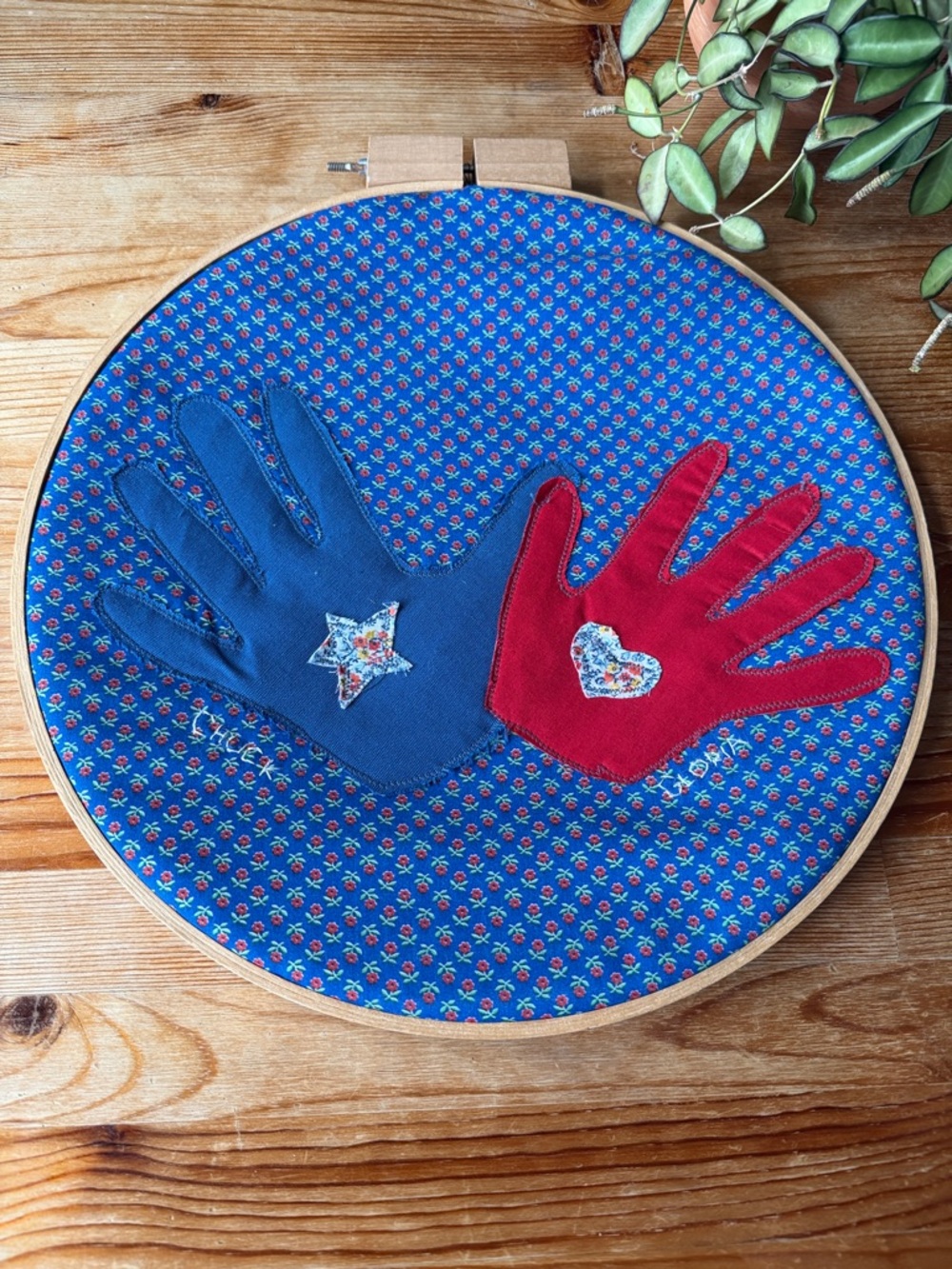 Handmade Vintage Fabric Hand Appliqué Hoop Art